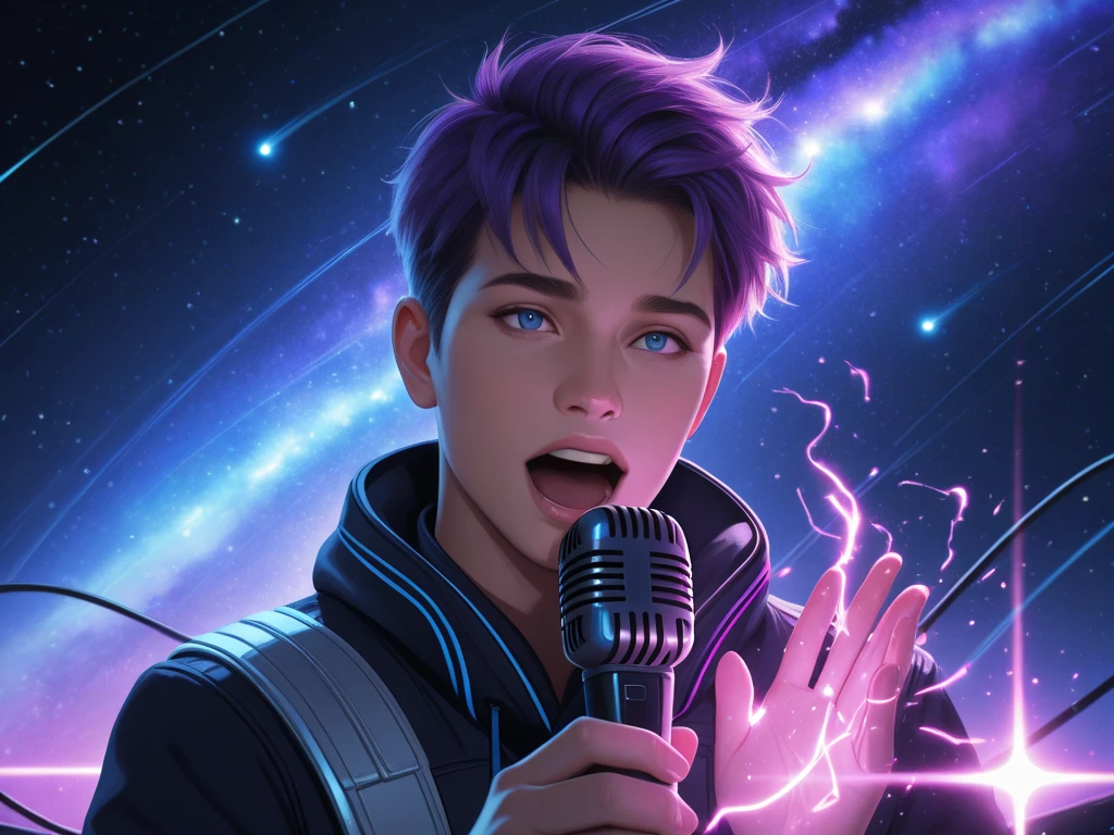 "A full-body cinematic illustration of a realistic young man floating in deep space, singing passionately into a handheld microphone. His face is expressive, mouth open mid-song, and his posture shows emotional performance. He wears a sleek, futuristic outfit with soft glowing accents. The microphone is clearly visible in his hand, glowing sound waves and particles flowing from it into the galaxy. The background is an epic, high-resolution galaxy scene filled with vivid purple and blue nebulae, glowing stars, and cosmic energy. Realistic cinematic lighting reflects off his face and body, with soft shadows. The words 'Galaxion Pulse' are subtly written in glowing star trails behind him. The visual style is ultra-realistic with light stylization, like a music video scene rendered in Unreal Engine — dramatic, inspirational, and perfect as both a thumbnail and a video cover."