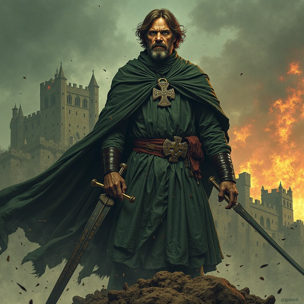   
### **3. JOHN KNOX**  
**Prompt:**  
"John Knox in historical manga style: 45-year-old Scottish, bony and marked face, short brown hair, penetrating green eyes. Wearing a cape dark frock with Celtic cross brooch, wielding a two-handed sword with the inscription *'Verbum Dei'* On the blade . Ao fundo, the castle of Edinburgh shrouded in fog and flames. His posture is one of challenge, standing on a broken Catholic idol. earthy tones (moss green and brown), angular features and dense shadows. Aura of fierce determination, strong wind shaking his cape."  
