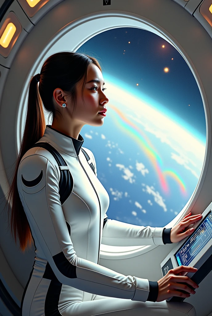 oil painting, 8k resolution, science fiction masterpiece.  Young woman (25-30 years old ), Caucasian appearance, belt with subtle  features and an expression of light thoughtfulness, is dressed in a tight space suit made of high-tech white fabric with black accents, background complemented by numerous pockets and a, decorated with futuristic gadgets, reflecting light.  Her posture is slightly relaxed, she rests with one hand on a holographic,  , the other hand hangs freely.  Her eyes are on the fascinating view of the solar system behind the spaceship window.  ship, ship whose interior is designed in minimalist style with a predominance of white and black colors,  is equipped with holographic displays, displaying flight data, holographic elements and stylish split control panels with buttons and a central steering wheel, reminiscent of a bookstand.  In the background is an amazing sight: bubbling flows of energy, rainbows shimmering with all colors, like bright arcs, flowing across the surface of a distant planet.  Light falls from the upper left corner, creating a contrast of light and shadow, control panel that emphasizes the texture of the costume and the brilliance of.  The color palette is rich, combining the cool colors of space with the warm tones of lighting inside the.  Brush strokes are wide and confident, creating the effect of highly detailed oil painting.  The composition is built according to the rule of thirds, focus on the girl, view from the window acts as a powerful, enhancing the sense of scale and infinity of space.