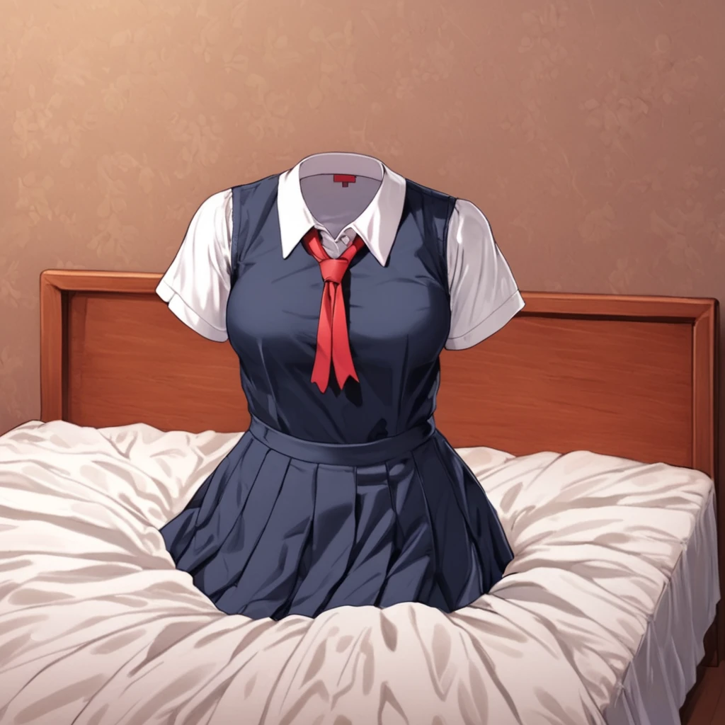 (invisible:1.5, no humans:1.5, headless:1.5, faceless:1.5), (school blouse, on bed:1.2), (unbutton), (cute big breast), detailed cloth texture, detailed anime, super fine illustration