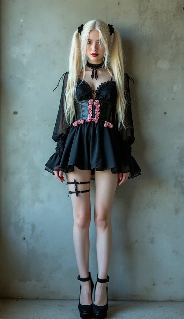 (best quality),realistic ,  girl (12 ymall size, blonde hair, standing, skinny body, in gothic doll dress, long legs, fishnet tights, instagram pose, white background