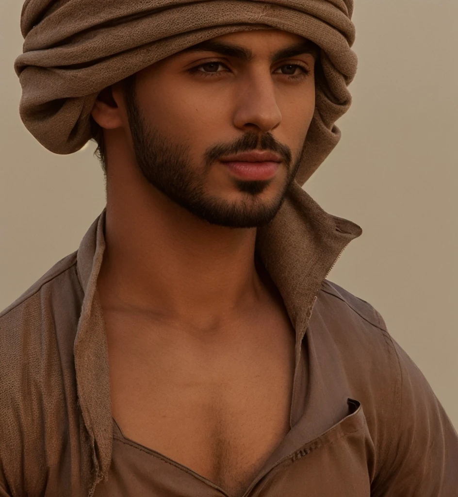 <lora:Xavier_Aziz_GV:1> 1boy, Arabic, black hair, golden brown eyes, handsome, young, 21, face, head scarf, , tight pants, nice  bulge, pecs, abs, ((((large hard perky ))))  hairy   <lora:muscle_slider_v1:-2>  gold necklace