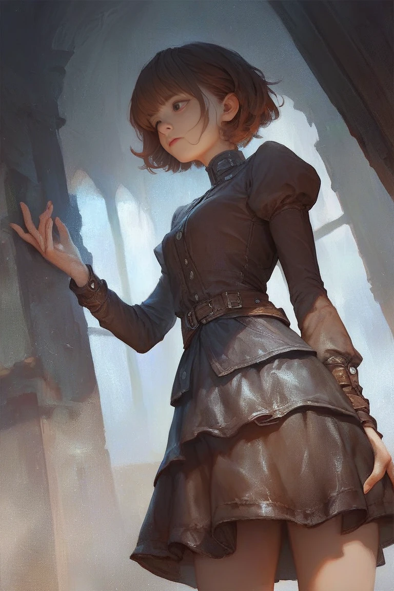 anime, illustration, dark dungeon, perfect quality, 1 woman, detailed face, detailed fingers, brown hair, short hair, brown leather, armored skirt, standing, fullbody shot