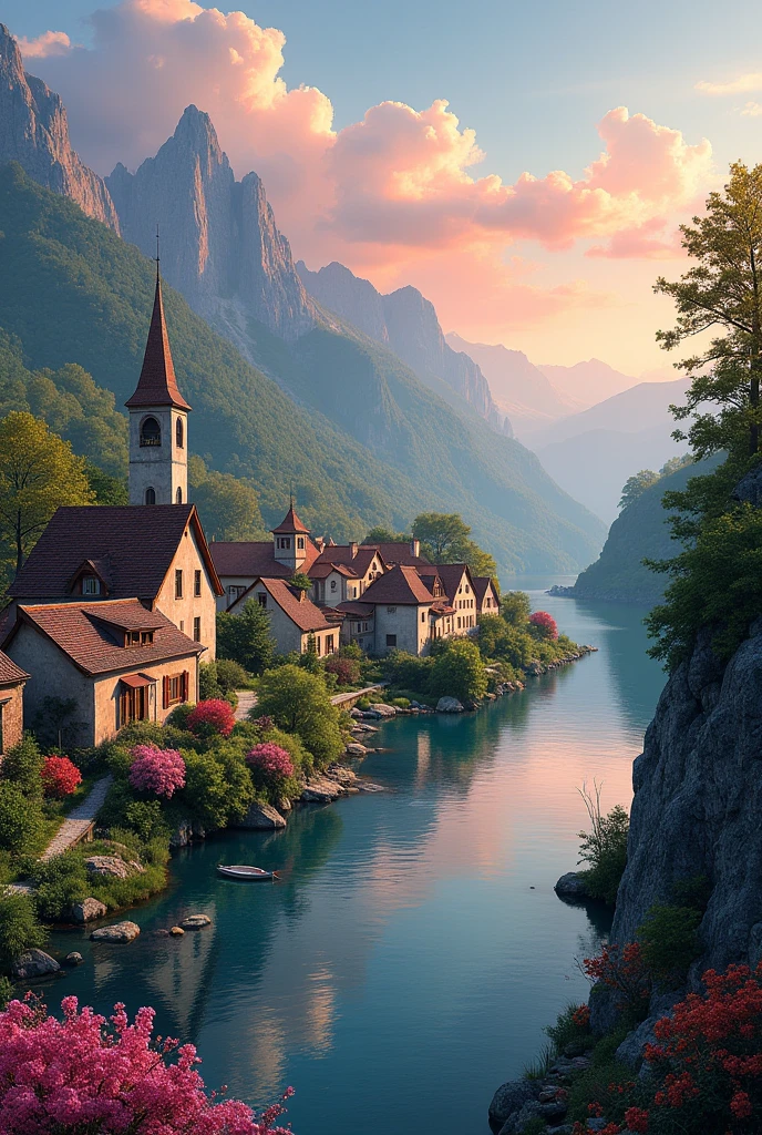 a small village by the river, mountains in the background, floral flowers colorful, detailed landscape, Beautiful natural landscapes, atmospheric lighting, scorching sunset, warm colours, practical, photopractical, Detailed Foliage, complex buildings, cobblestone street, Charming country house, swirly vibrant colors, lush vegetation, Still water reflections, Picturesque, idyllic, work of art, best qualityer, 8k, extremely detaild,anime styling