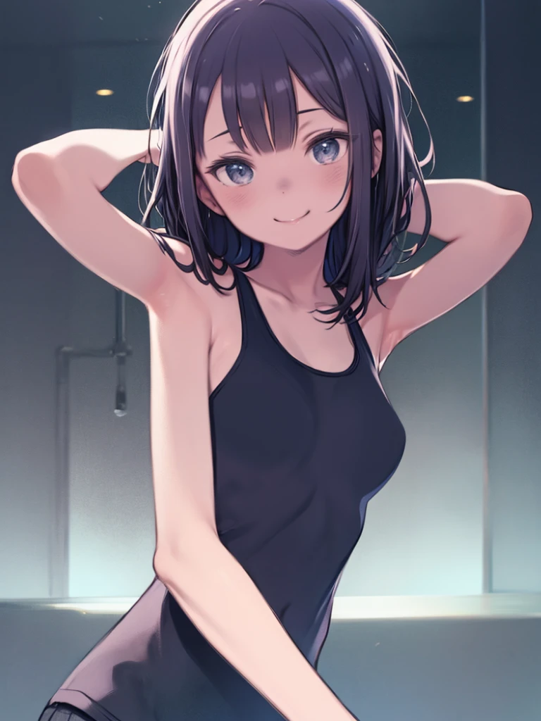 top-quality、Full limbs、complete fingers、Slender beauty、ssmile、Wearing a school swimsuit、Lean forward and look at me、Put your hands on your buttocks、Raking up your hair