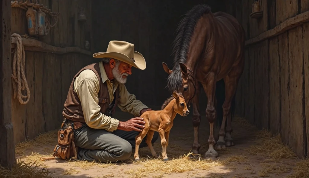 Inside a dimly lit barn, an elderly cowboy assists in the birth of a foal, kneeling beside the newborn as the exhausted mare leans in to nuzzle her baby for the very first time