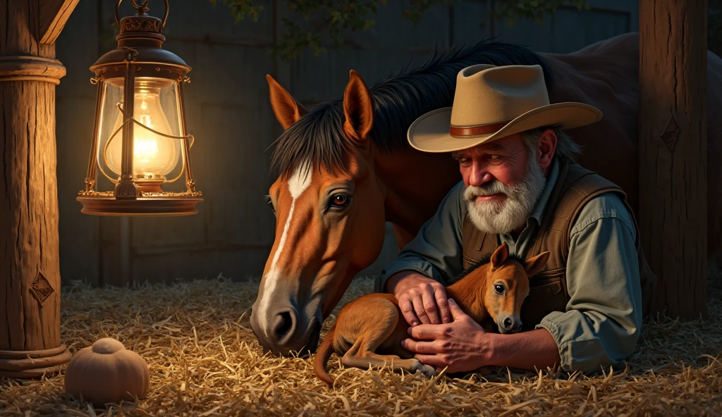 In the soft glow of a barn lantern, an elderly cowboy gently comforts a newborn foal lying on a bed of straw, while the mother horse leans in with tender eyes, witnessing her baby’s first breaths
