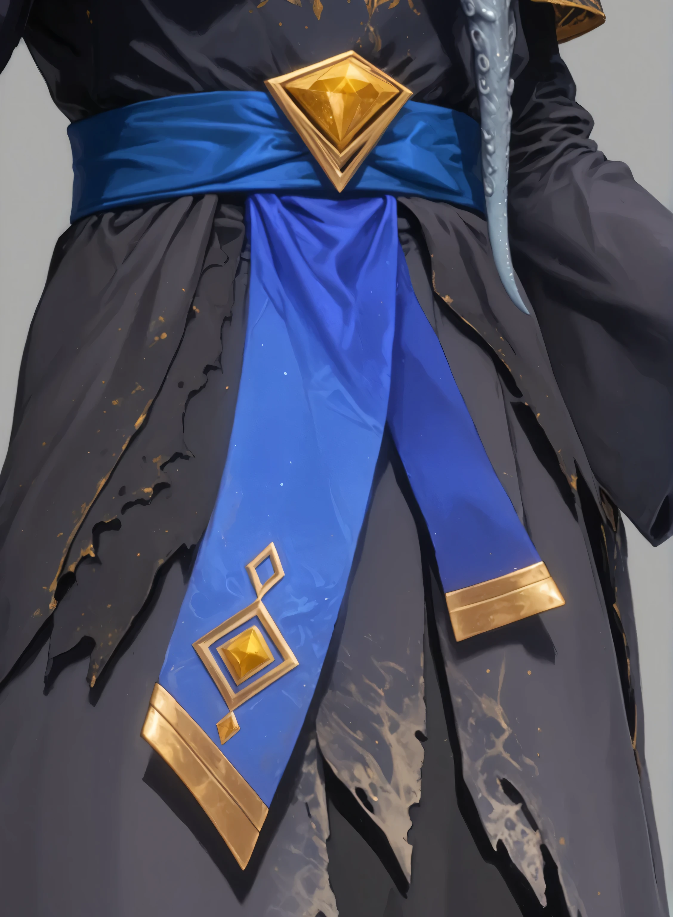 A detailed 3D rendered close-up of a Cthulhu-inspired character's waist decoration, (UE5 rendering:1.4), (royal blue sash wrapped around waist:1.5), (prominent golden diamond-shaped emblem on waistband:1.5), (blue fabric tabard with gold trim:1.4), (geometric gold diamond patterns on blue fabric:1.4), (gold metallic border on blue fabric edges:1.4), (asymmetrical blue tabard design:1.3), (dark gray tattered robe beneath blue sash:1.3), (contrast between vibrant blue fabric and dark robe:1.3), (high-resolution fabric textures:1.4), (PBR materials with metallic gold reflections:1.4), (Unreal Engine 5 quality:1.4), (ray-traced lighting on metallic elements:1.3), (fabric folds and wrinkles:1.3), (eldritch mage costume design:1.2), (fantasy waist ornament:1.3), (blue fabric draped asymmetrically:1.2), (golden geometric symbols with magical quality:1.3), (realistic cloth physics:1.2)