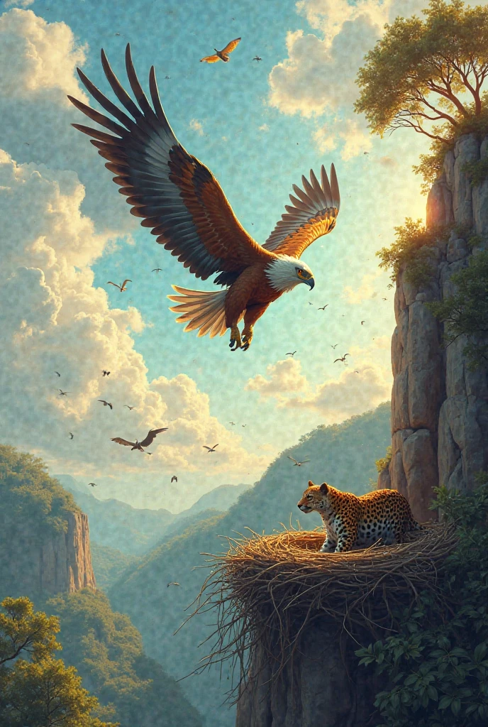 The mother eagle appears in the sky, flying fast with wide wings toward the nest. A cinematic 10-meter wide-angle shows her approaching powerfully while the leopard hesitates. The eaglet lies wounded in the nest. The sky is now partly cloudy with golden sunbeams highlighting the eagle's feathers. The cliff, forest, and nearby birds are visible, enhancing the heroic moment. The cartoon style makes the eagle majestic and protective.