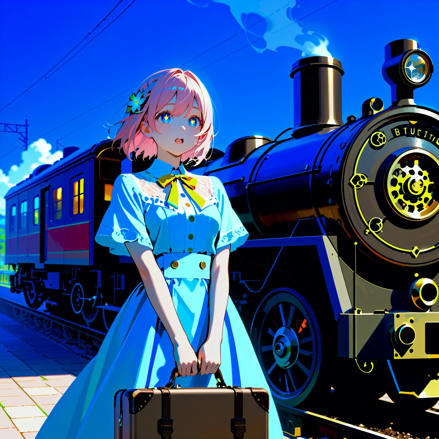 A brick station、The steam locomotive stopped、a female traveler carrying a suitcase. she has a beautiful face and brightly colored, sparkling eyes. wearing an elaborate and delicate ornament . a wonderful station platform、a moonlit train. Detailed view. bright colors. HD.