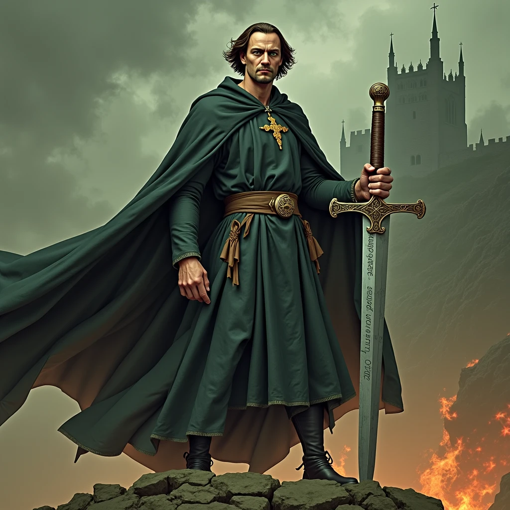   
### **3. JOHN KNOX**  
**Prompt:**  
"John Knox in historical manga style: 45-year-old Scottish, bony and marked face, short brown hair, penetrating green eyes. Wearing a cape dark frock with Celtic cross brooch, wielding a two-handed BIBLE with the inscription *'Verbum Dei'* On the blade . Ao fundo, the castle of Edinburgh shrouded in fog and flames. His posture is one of challenge, standing on a broken Catholic idol. earthy tones (moss green and brown), angular features and dense shadows. Aura of fierce determination, strong wind shaking his cape."  
