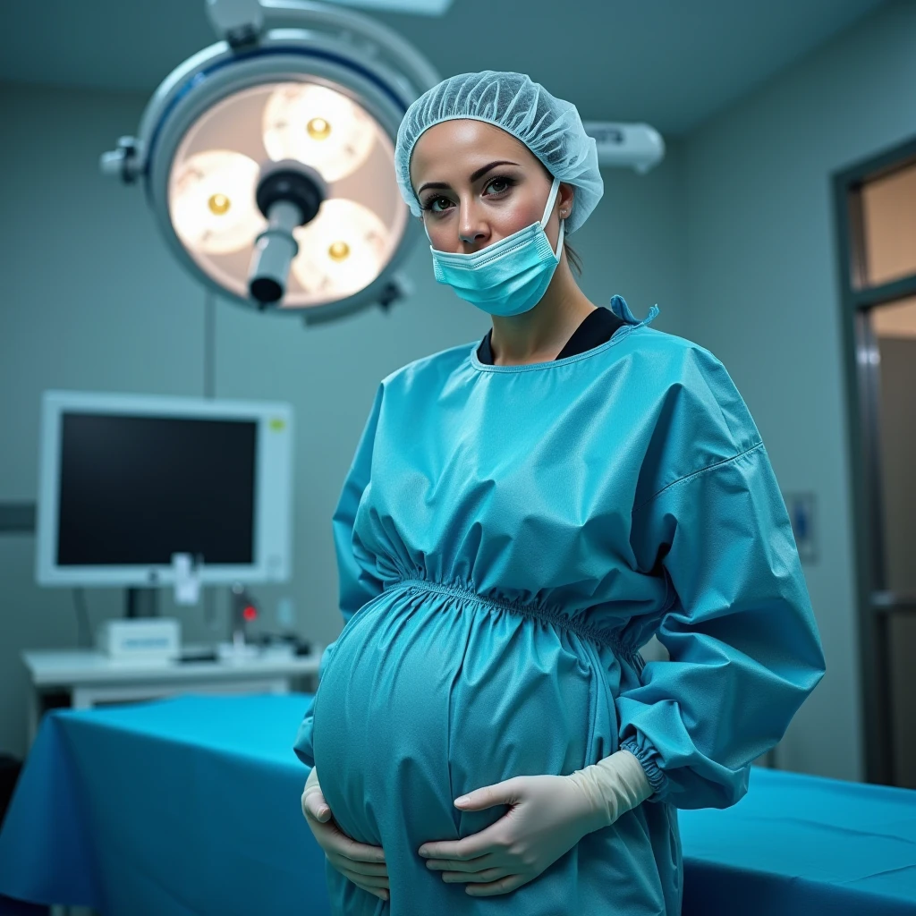 (give a score of 9_give a score of 8_give a score of 7)
masterpiece, highest quality, best quality, view from top down, see the whole body, surgical lamps shine from the ceiling,
1 women, solo, in one hospital, in the operating room, a pregnant woman, about 10 months pregnant, pale skin, open her belly, her stomach was revealed, a pregnant woman has a radiant, wrinkle free stomach, she had a look of pain and suffering on her face, frown, surgical cap, lying on the operating bed, lie on your back, lying with arms spread out, spread your arms out, wide, bare stomach, the skin of the abdomen is bright, show your belly, look at her pregnant belly, the head of the navel is visible, cloth covering both legs, big breasts, long slender beautiful legs, don't put your hands on your stomach, she had a difficult birth, a scene in the operating room shows a pregnant woman suffering from a difficult birth