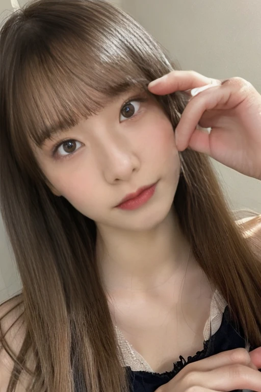 live-action、22 years old、The whole body is shown:1.2、muste piece, highest quality, super detailed, finely, High resolution, 8k wallpaper, perfect dynamic composition, i am a photographer, she is a model, detailed and beautiful eyes,I can see the nipples:1.2、I can see your breasts, long hair, big breasts, natural color lip, random sexy poses, kiss face, Plain wall background, selfie,