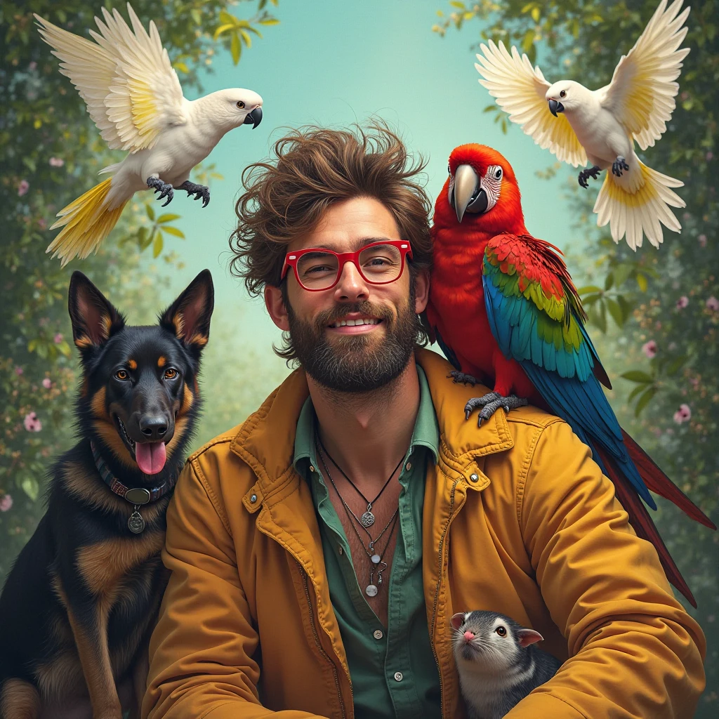 A man with red glasses and a strong complexion with a crown of his hair a parrot on his shoulder, a German shepherd sitting next to him , a black cat , a guinea pig, and two flying white parrots 