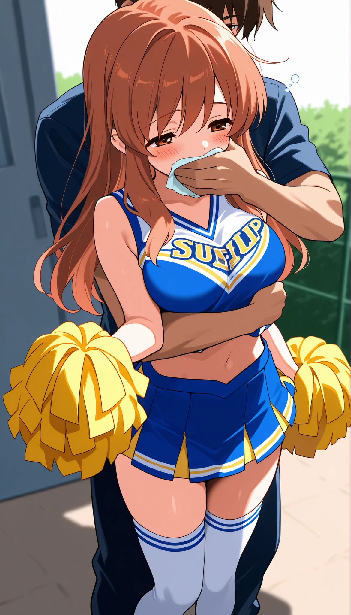 masterpiece, best quality, ultra detailed, highres, 4k, 1girl, score_7_up, score_8_up, score_9, source_anime, high res image, (mikuru asahina), long brown hair, brown eyes, depth of field, medium breasts, short stature, blush, school yard, cheerleader, midriff, thigh socks, sleepy, chcl3, 1boy, grabbing from behind, hand over another's mouth, (cover her mouth with cloth)