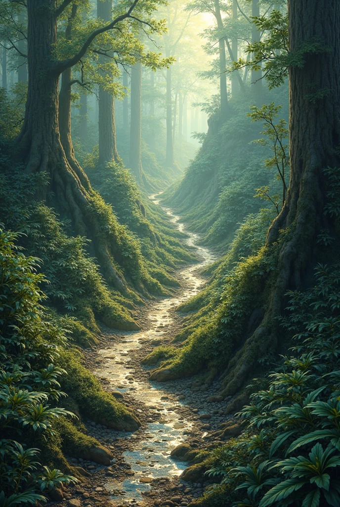 Footprints engraved on a steep hill in a lush forest