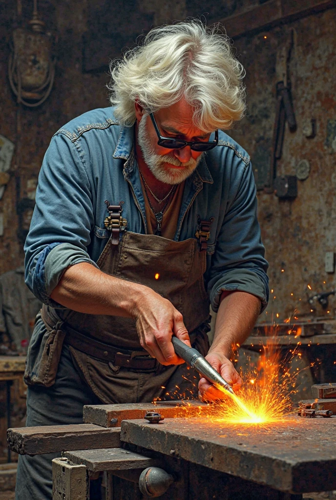 Can you generate a poster for me in the style of rock from the 80s/90, with a blacksmith in his workshop, It must be: grand, costaud, avec des cheveux et une barbe courte blanche et des lunettes. 
It should be written “Au Fer Occitan” 
Can you integrate the Pink Floyd logo discreetly.