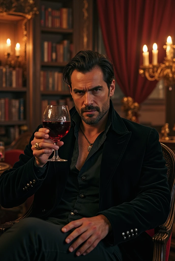 Dracula, wearing a black cape and showing sharp fangs, is seated at an upscale bar in Ginza, Tokyo, sipping a blood-red cocktail. The bar has a luxurious and elegant ambiance, with dim lighting, sleek decor, and a well-stocked bar behind him. Dracula's black cape drapes over his shoulders, adding to his dark and mysterious presence. His sharp fangs are visible as he sips the vibrant red drink, creating a striking contrast with the moody, sophisticated atmosphere. The image is realistic with a cinematic quality, capturing the essence of a classic vampire in a modern, stylish setting