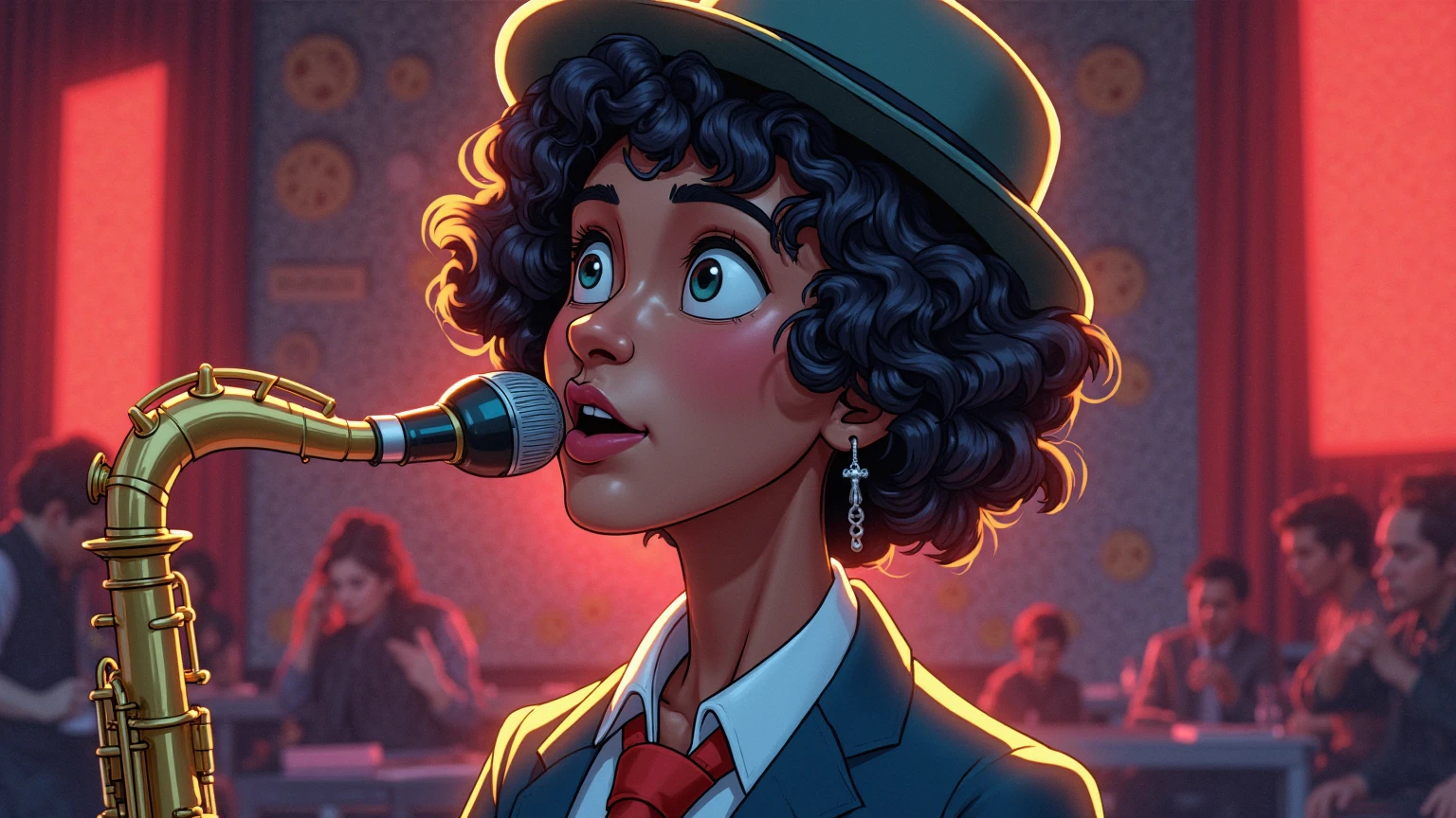 A vibrant and detailed anime-style album cover illustration that captures the essence of jazz music. An Energetic Jazz Singer, environment with jazz hat and saxophone.   Behind it  , a musical environment from the 1930s, Let there be a Christian atmosphere, manga style cartoon, foreground neckline, cinematographic lighting, digital art.