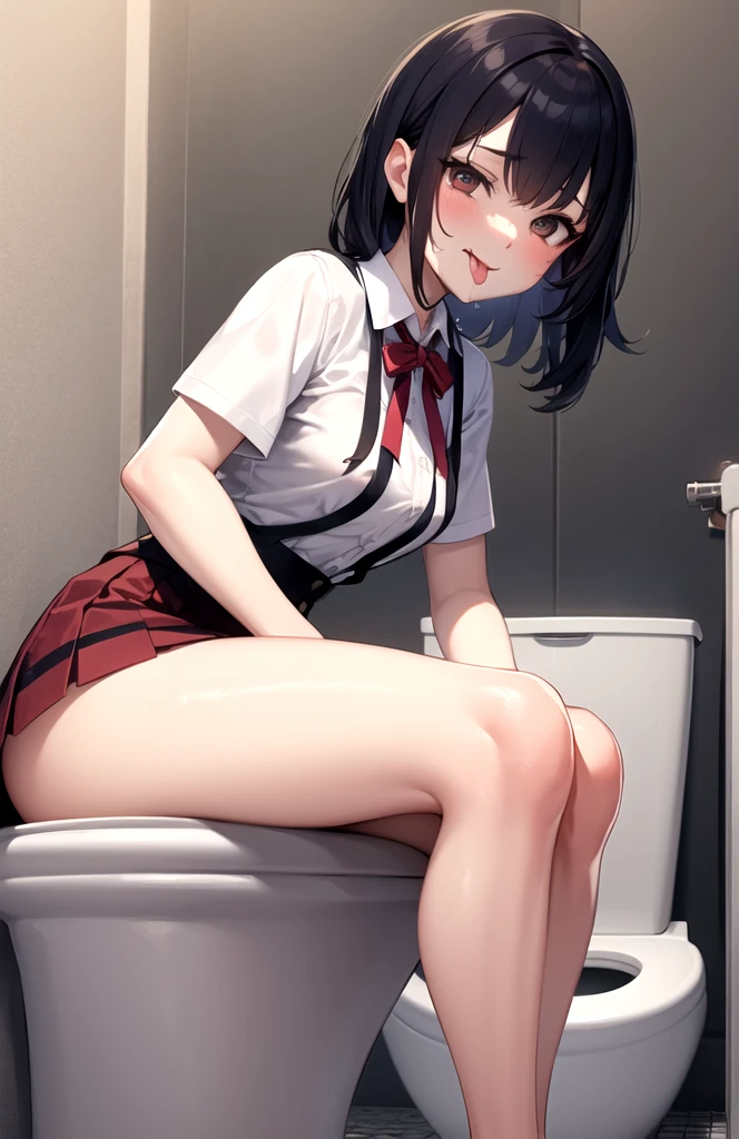 (masterpiece:1.2, best quality), ultra-detailed illustration, perfect anatomy, (black skirt lift:1.5), ((skirt grab)),((panties)), solo, 1lady, large breasts, (full-face blush), embarrassed, cowboy shot, (restroom:1.2),(urinal:1.3), dirty, trash, cracked wall, dark, broken, abandoned, (night:1.5),(dark background:1.1), school uniform, extremely detailed hands, Panty shots, ((accentuate white panties)), Lift up skirt,