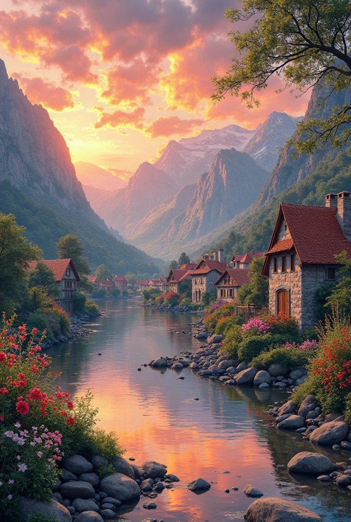 a small village by the river, mountains in the background, floral flowers colorful, detailed landscape, Beautiful natural landscapes, atmospheric lighting, scorching sunset, warm colours, practical, photopractical, Detailed Foliage, complex buildings, cobblestone street, Charming country house, swirly vibrant colors, lush vegetation, Still water reflections, Picturesque, idyllic, work of art, best qualityer, 8k, extremely detaild,anime styling