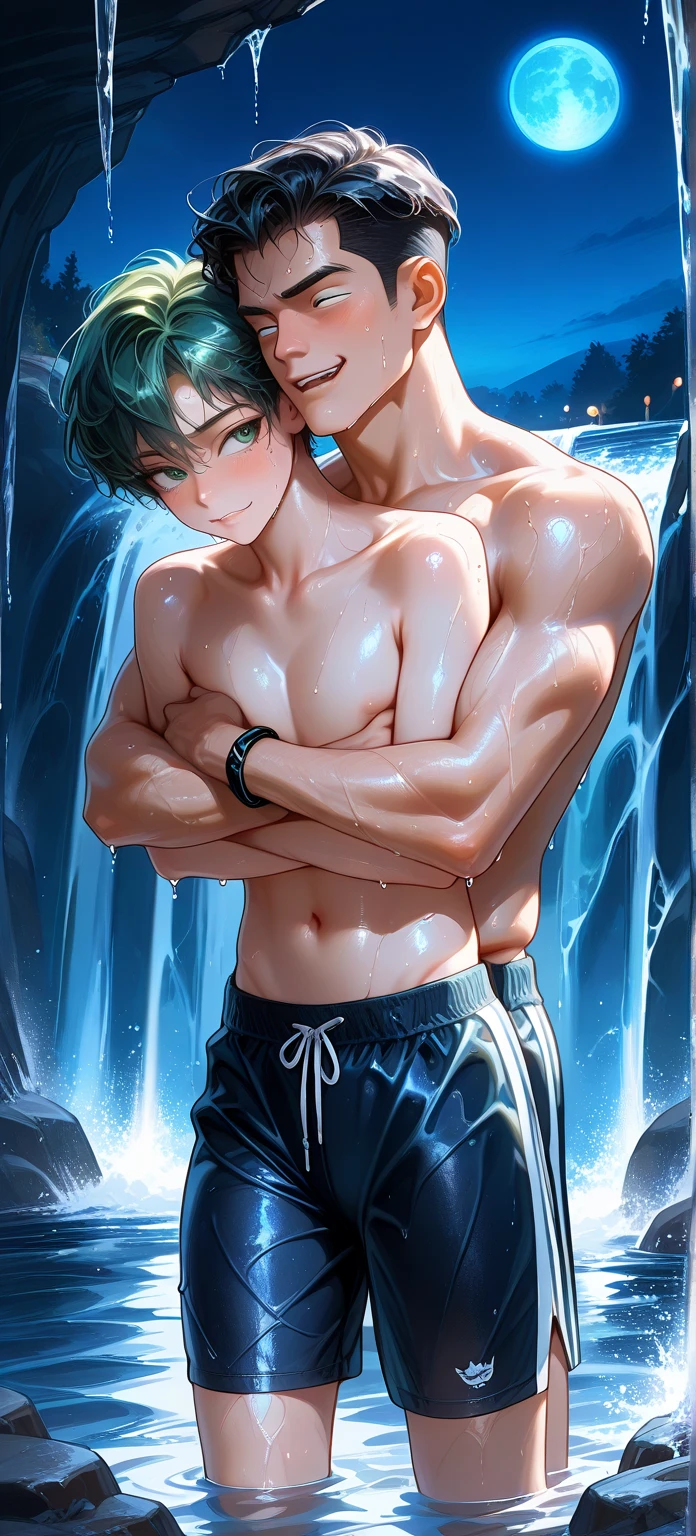 masterpiece,best quality,high quality,(1 male austere handsome solo adult age 30 years old:1.5), purple eyes, cool with suspended eyes, V-shaped eyebrows, body strong and fearless 8.5 head tall, height 185cm,(well-groomed black short hair down to neck:1.4),(bangs in three (parted bangs:1.4), slender nose, facial muscles, throat, (pectoral muscles :1.3), (rectus abdominis), (swim shorts:1.3), (stylish pose), (cool smile:1.3), (background waterfall forest:1.3) , (sunset:1.3)