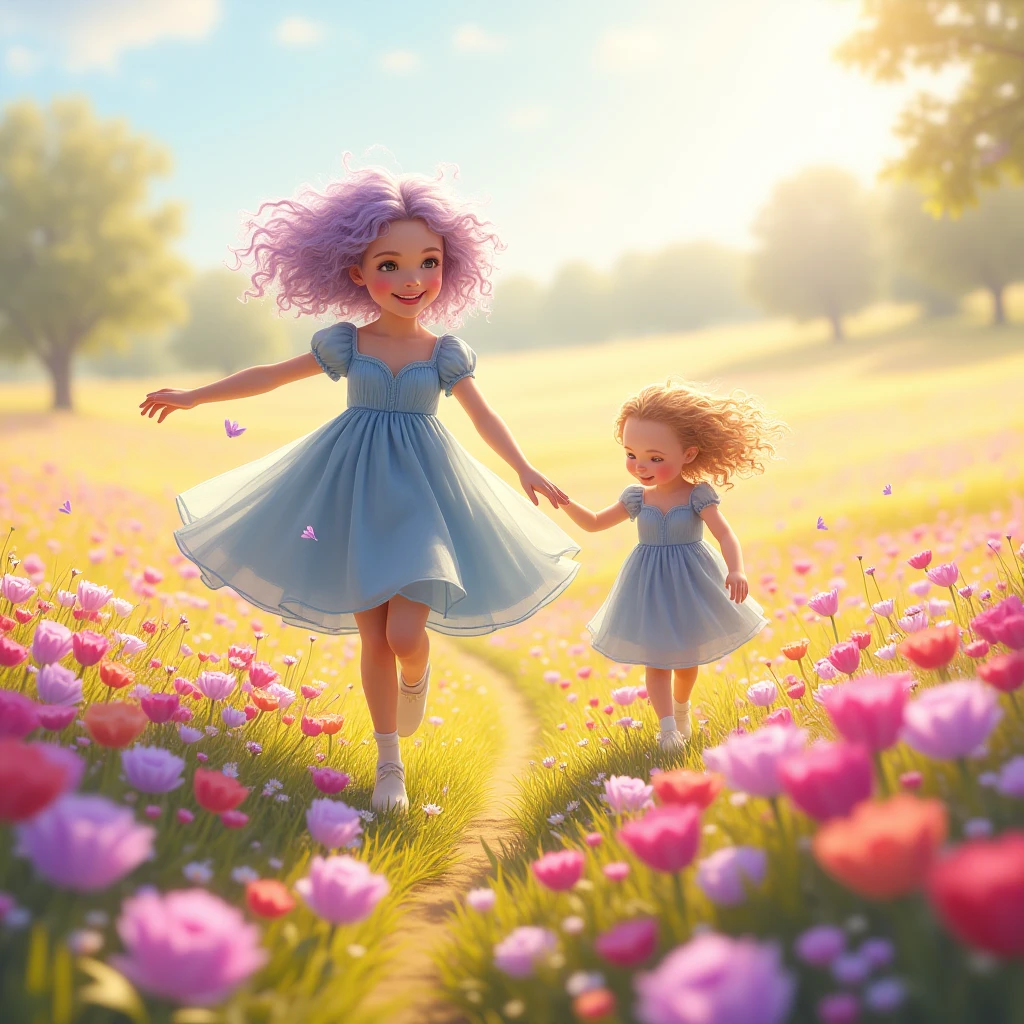 blue-sky,A sea of flowers,Little girl dancing in a sea of flowers,