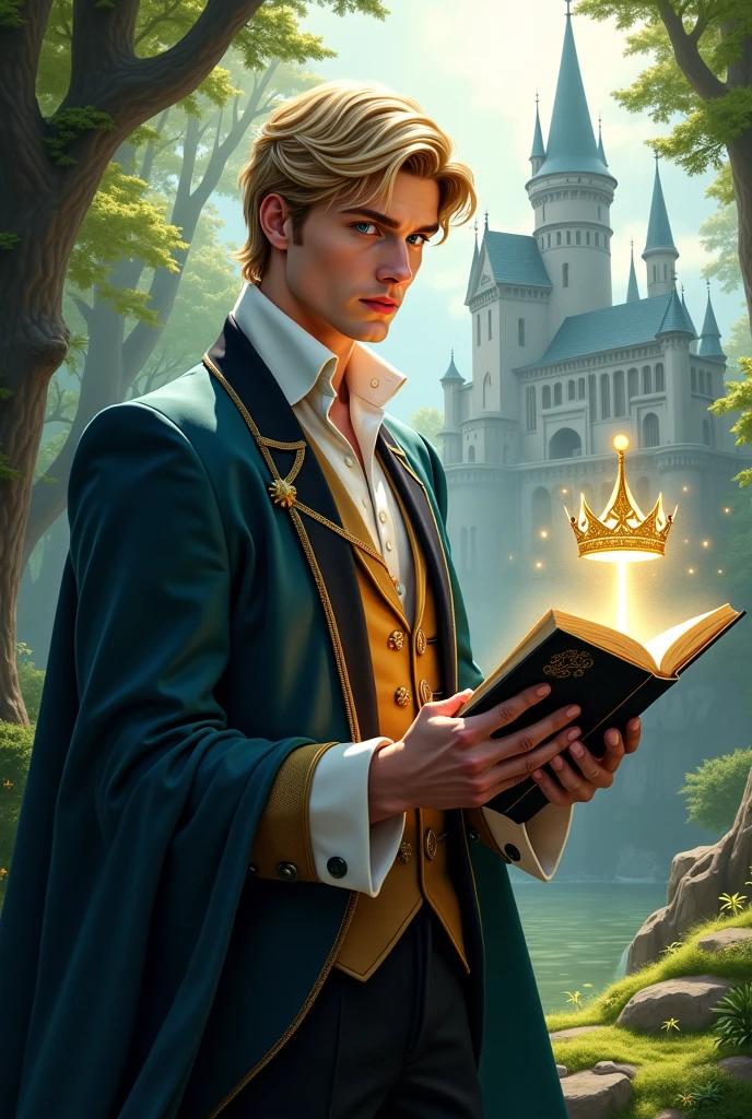 (handsome man with a floating book:1.2) ( short blond hair: 1.2) (tall blue eyes:1.2) ( prince clothing : 1.2) ( who is in a forest and a castle behind:1.0) ( who has a black sword with light:1.4) ( Who has a crown with light:1.2) 