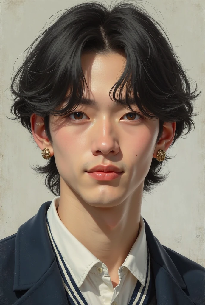 A painting of a man with long hair up to his neck, with a soft smile, a white man piercing his ears, wearing a school uniform.