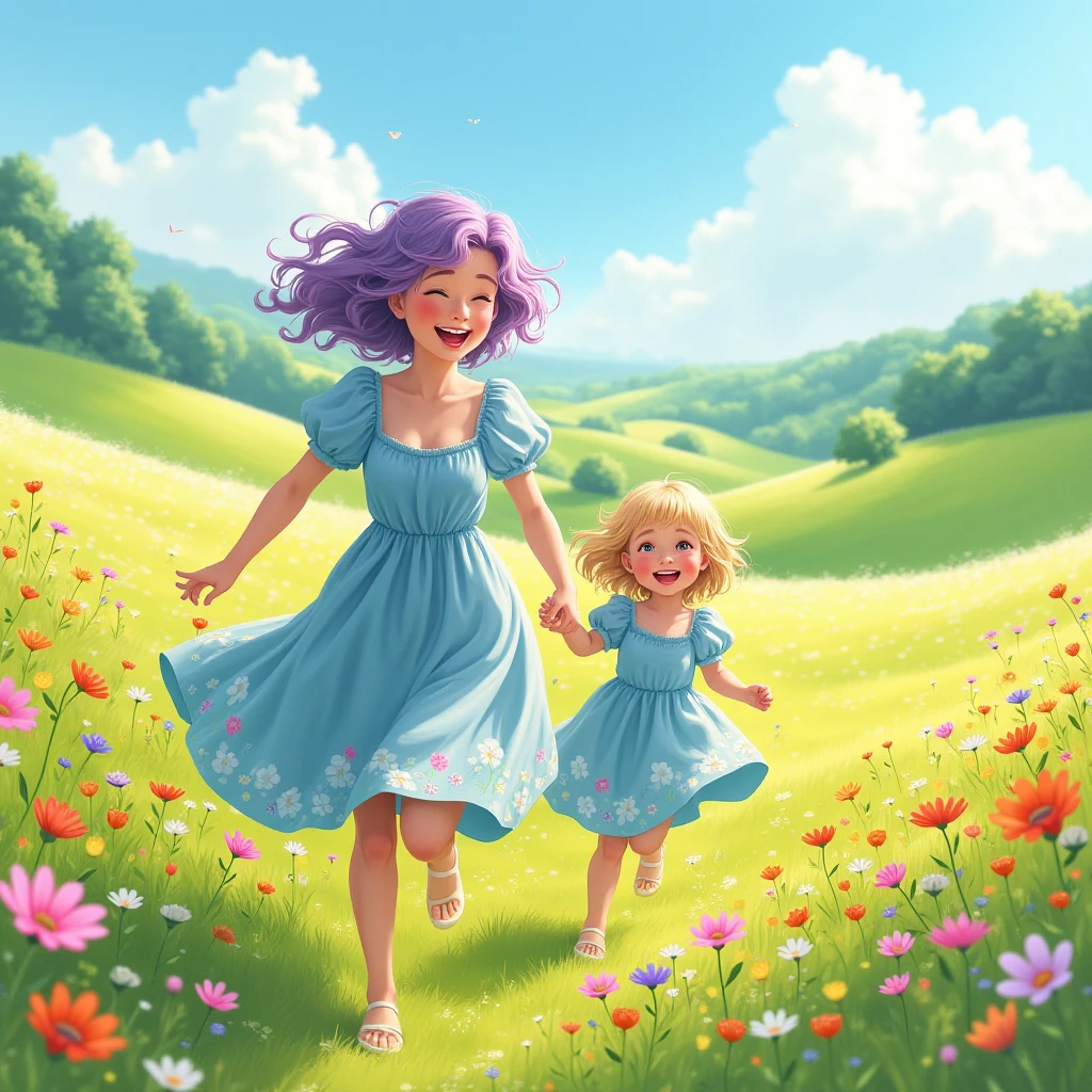 Short lilac curly haired 22 years young woman with a  little blond girl, running over the flower fields wearing blue spring dresses