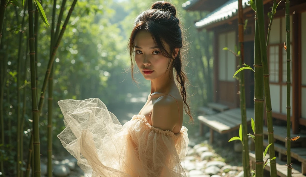 一位beauty的日本女人，sexy，pretty，beauty，enchanting，charming，Dressed in tulle ，with a beautiful figure looming，long legs exposed，Standing in a bamboo grove，There is a bamboo house around，