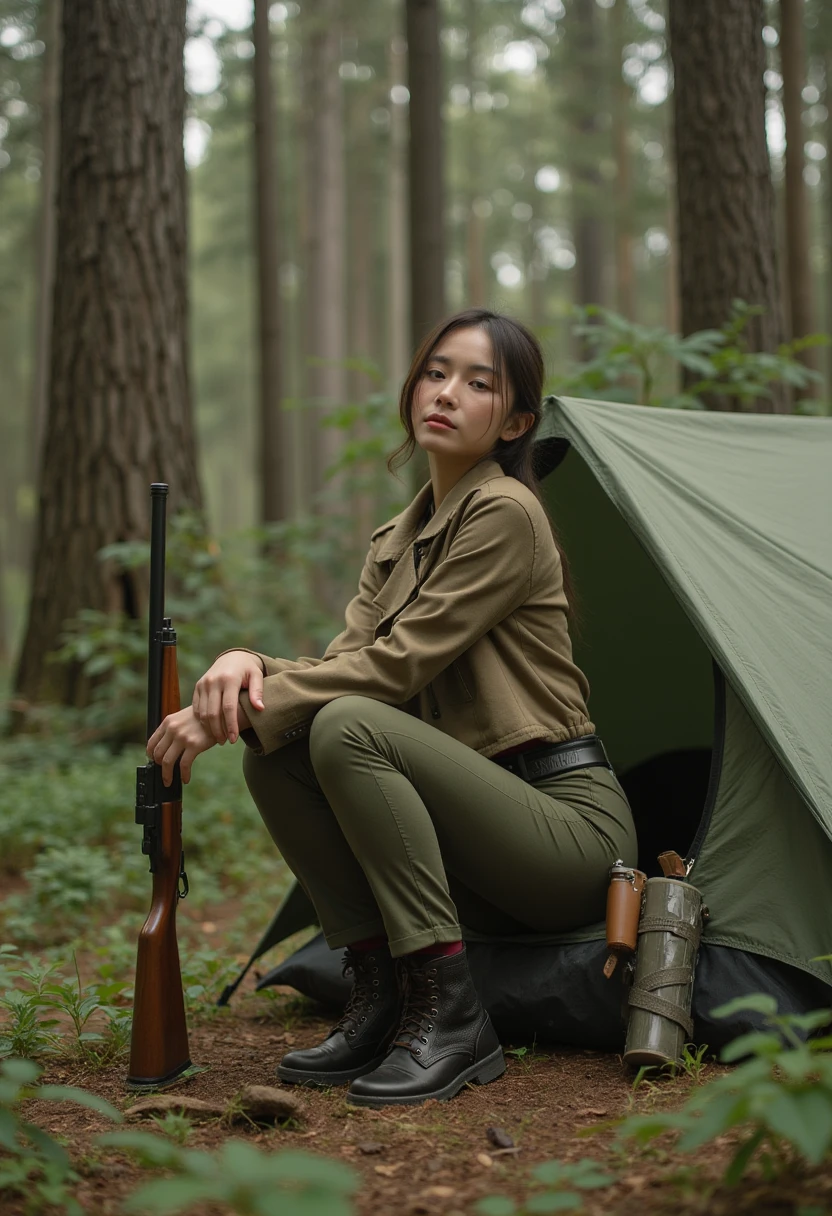elegant woman,slender,luxury hiking outfit,holding riffle,sitting in front of tent,primeval forest,best quality,4K,ultra-detailed,realistic,HDR,studio lighting,physically-based rendering,extreme detail description,professional,vivid colors,bokeh,digital art,landscape,environmental portrait,wilderness,forest,outdoor scene