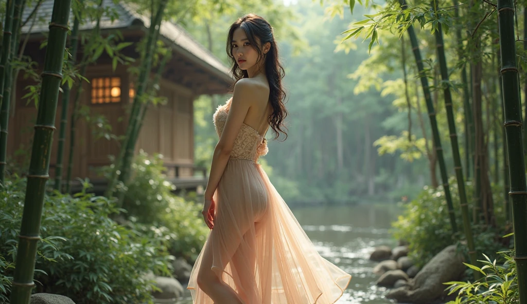 "Photorealistic, (wide angle, single figure only, front facing the door), a Japanese young woman standing still in front of a closed front door of a house, wearing a sky-blue dress with a backless design, looking to the sides, her body facing the door, standing on a stone pathway surrounded by lush greenery, sunlight filtering through the trees, cozy garden setting, natural light, no other figures, high detailed official artwork, hyperrealistic, slim fit body, long legs, attractive young woman, smooth photorealistic, warm color tones, vivid colors, serene atmosphere, 8k and 4k resolution."
