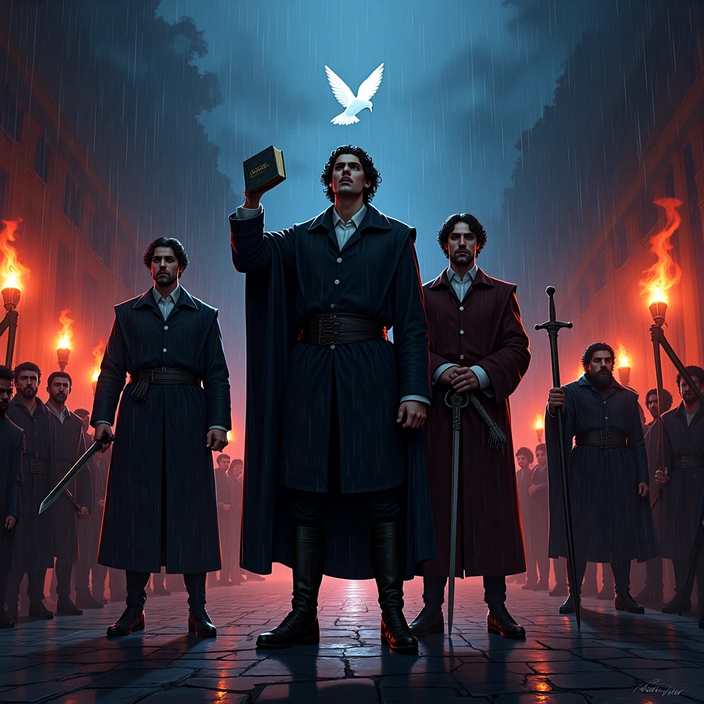 
### ** epic scene: THE FOUR REFORMERS TOGETHER**  
**Prompt:**  
"Dramatic manga group: Calvino (centro) with the raised Bible, Farel (on the left) shouting with a clenched fist, Knox (direita) crossing the sword with the pen of Calvin, e Beza (back) annotating a codex. Scenario: Geneva at night, Bonfires burning papal indulgences in the background, crowd of Protestants silhouetted. dynamic diagonal composition, contrasting colors (blood red x deep blue), torrential rain illuminated by rays. Symbolic Details: the Holy Spirit's dove above, serpente (heresia) crushed under your feet. Style mixing *Berserk* (sombras) e *Vagabond* ( Historical details )."  
