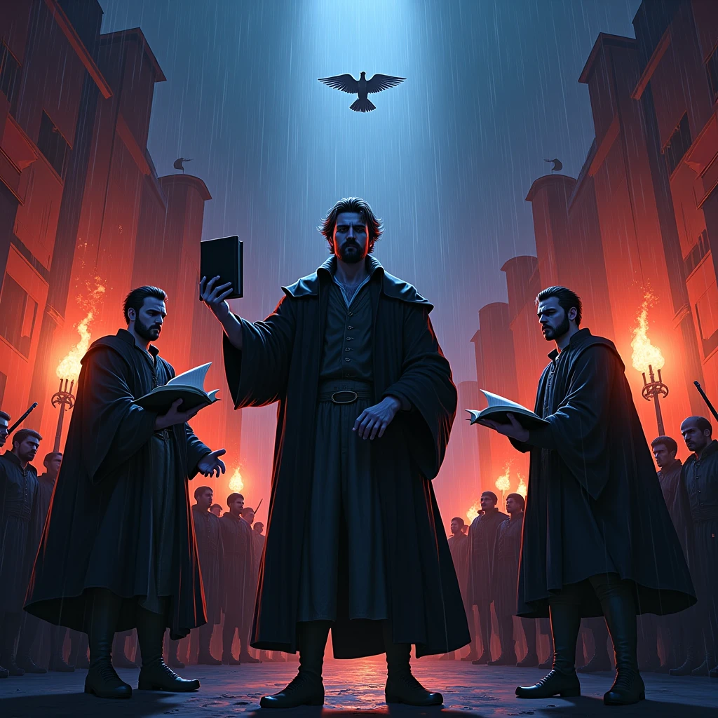 
### ** epic scene: THE FOUR REFORMERS TOGETHER**  
**Prompt:**  
"Dramatic manga group: Calvino (centro) with the raised Bible, Farel (on the left) shouting with a clenched fist, Knox (direita) crossing the sword with the pen of Calvin, e Beza (back) annotating a codex. Scenario: Geneva at night, Bonfires burning papal indulgences in the background, crowd of Protestants silhouetted. dynamic diagonal composition, contrasting colors (blood red x deep blue), torrential rain illuminated by rays. Symbolic Details: the Holy Spirit's dove above, serpente (heresia) crushed under your feet. Style mixing *Berserk* (sombras) e *Vagabond* ( Historical details )."  
