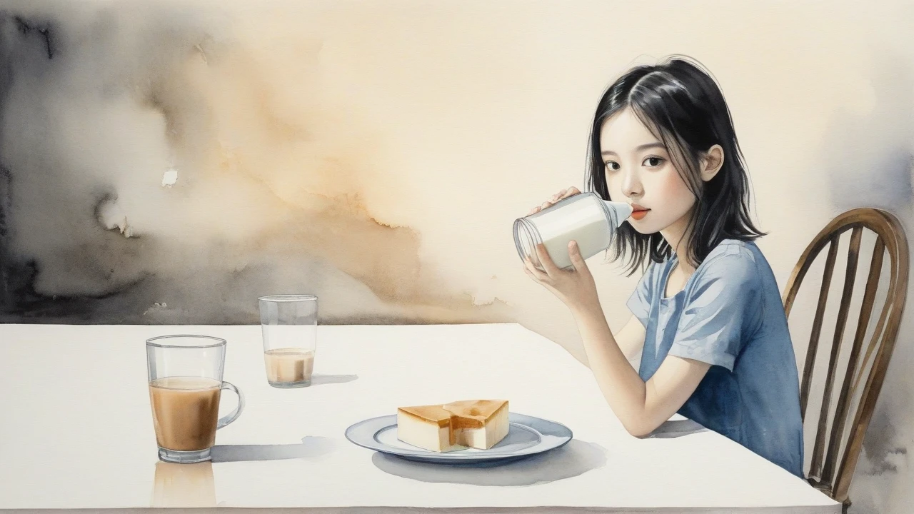 The girl quietly placed his favorite glass of milk tea on the table and left. Surrealist art style combined with a slightly dark watercolor paint, lemluc.