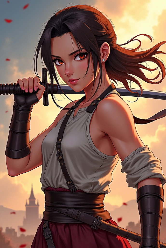 Personnage d’animé, fille, 18 ans, yeux marrons, cheveux bruns, a un sabre. A des vêtements amples et un regard de guerrier.