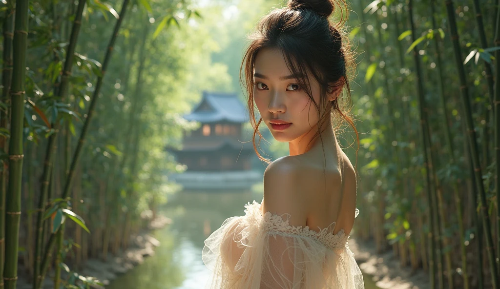 一位beauty的日本女人，sexy，pretty，beauty，enchanting，charming，Dressed in tulle ，with a beautiful figure looming，long legs exposed，Standing in a bamboo grove，There is a bamboo house around，