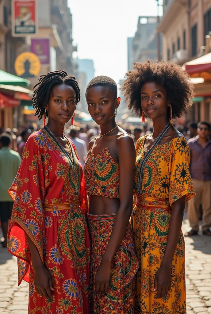 A group of Ethiopian models posing confidently in the bustling streets of Addis Ababa. The models are dressed in vibrant, traditional Ethiopian attire, showcasing intricate patterns and rich colors. The background features a mix of modern and historic architecture, with busy street vendors and pedestrians adding to the lively atmosphere. The lighting is natural, with the warm glow of the sun casting soft shadows and highlighting the models' features.