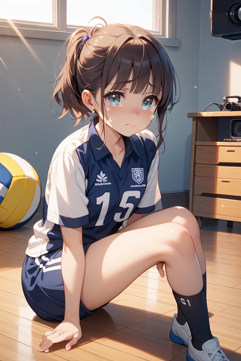 3D illustration、Wearing a soccer uniform with an embroidered logo、Junior high school girl with small breasts、Sweaty and looking happy、Her nipples are visible and protruding、Lying on the bed、Low - Angle、The uniform has an embroidered logo、indoor、