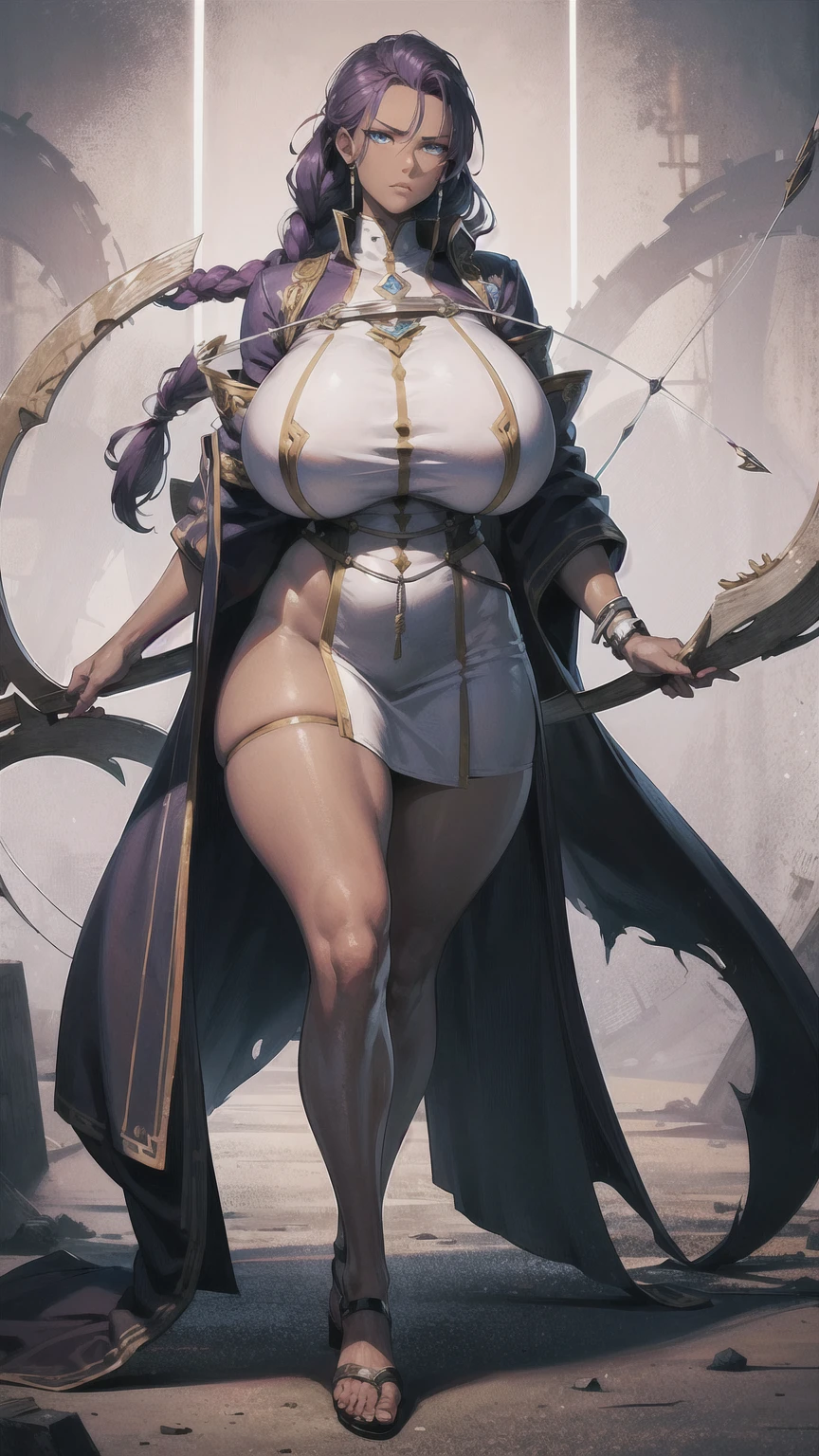 (masterpiece), best quality, female warrior, huge girl, female muscular:1.2, (curvy), ((thick thighs:1.5)), (((blank background))), ((full body)), fingerless gloves, sandals, sleeveless, covered nipples, (underboobs:1.3), thin hair, straight hair, black hair