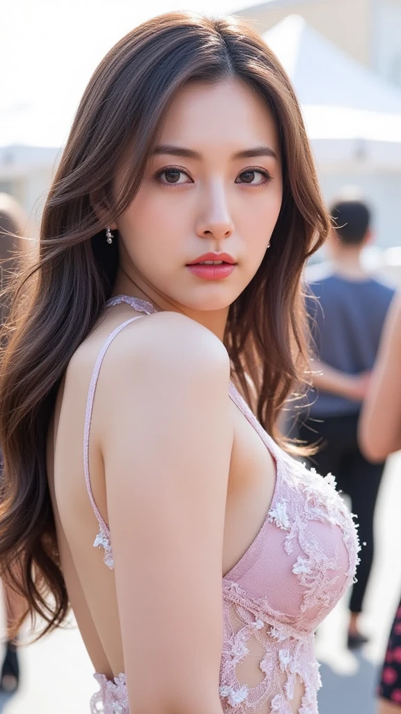 (8k, RAW photo, best quality, masterpiece:1.2),(realistic, photo-realistic:1.37), ((best quality)), ultra high res,extremely detailed CG unity 8k wallpaper, physically-based rendering,cinematic lighting,full body, (((1girl))), shapely, (slim waist), ((puffy eyes)) ,(black hair), top-down_bottom-up,(oval face),wide shoulder, intricate lace hair ornament,cleavage, downblouse, extended downblouse ,