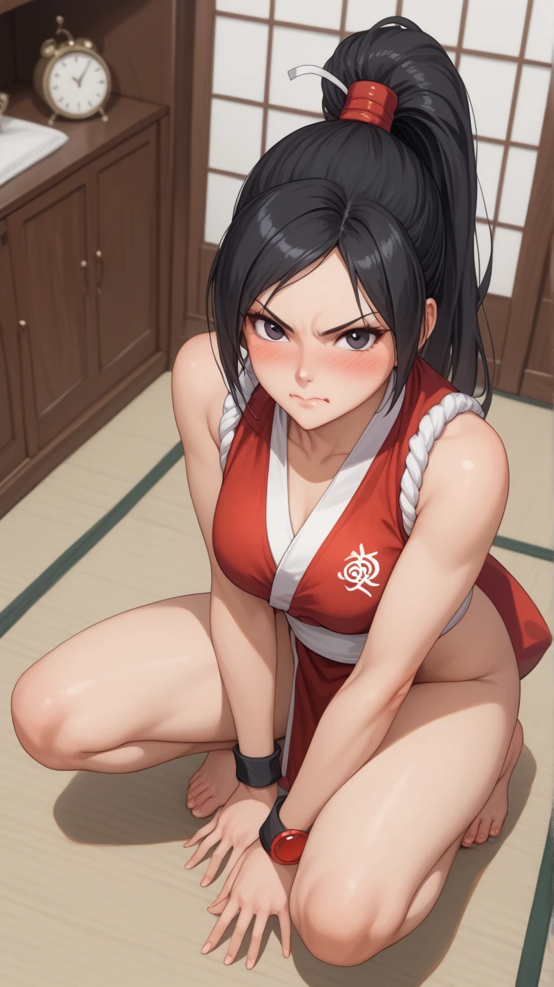 ((masterpiece:1.2, best quality)), yuri sakazaki, 1girl, braided ponytail, long hair, brown hair, brown eyes, red headband, (white dogi1.2), Blue top, bare arms, Yellow black fingerless gloves, blue panties, karate, medium breasts, cleavage, Blue tight socks, red converse, looking at viewer, sweating, tires, arm over head, sweat, hot, blush, awe, 🥺, 😮, ((🥵🥵:1.2)), straight, sitting, spread legs, mature, dojo