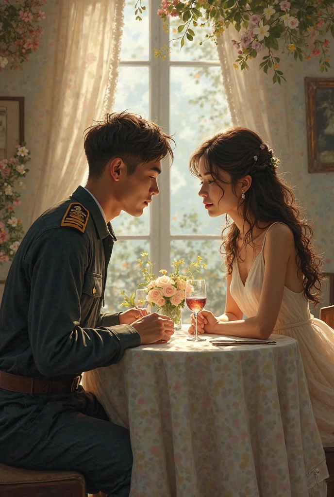 A 20-year-old soldier and a 20-year-old girl in a white dress are dining at a restaurant