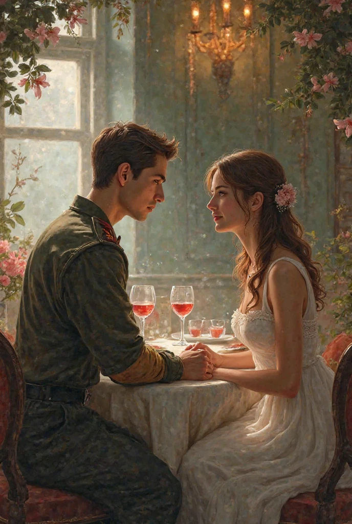 A 20-year-old soldier and a 20-year-old girl in a white dress are dining at a restaurant