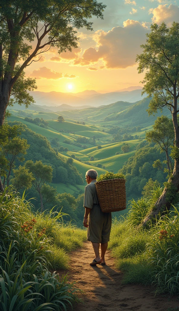 nature photo
vast forest
farmer on hillside carrying basket on back
sun half sunset