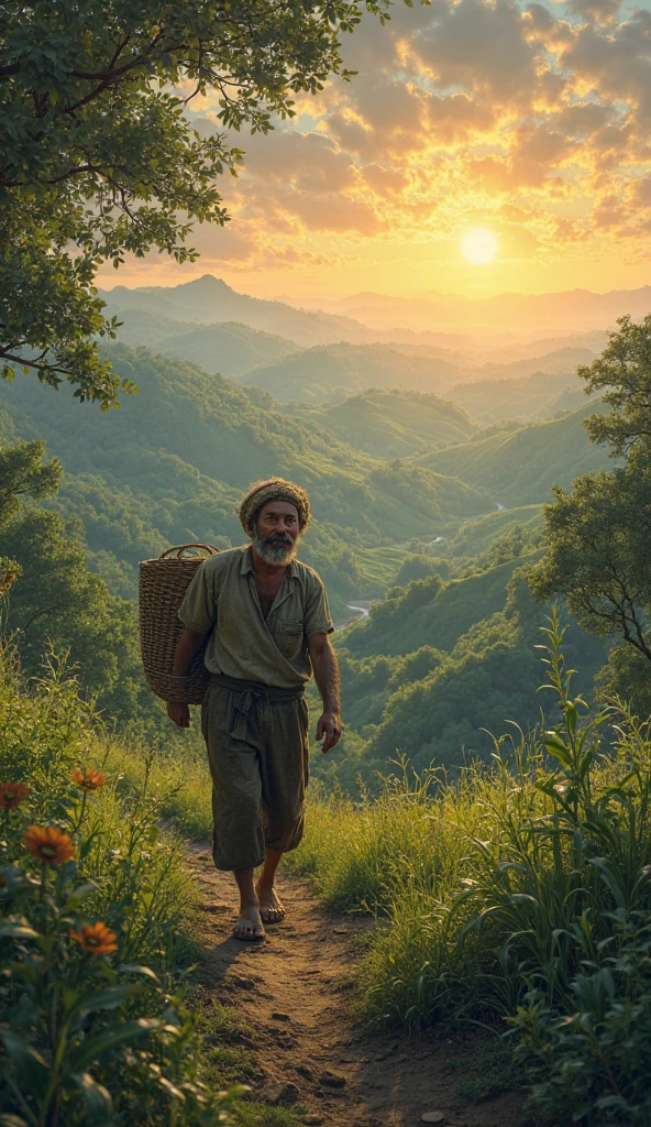 nature photo
vast forest
farmer on hillside carrying basket on back
sun half sunset