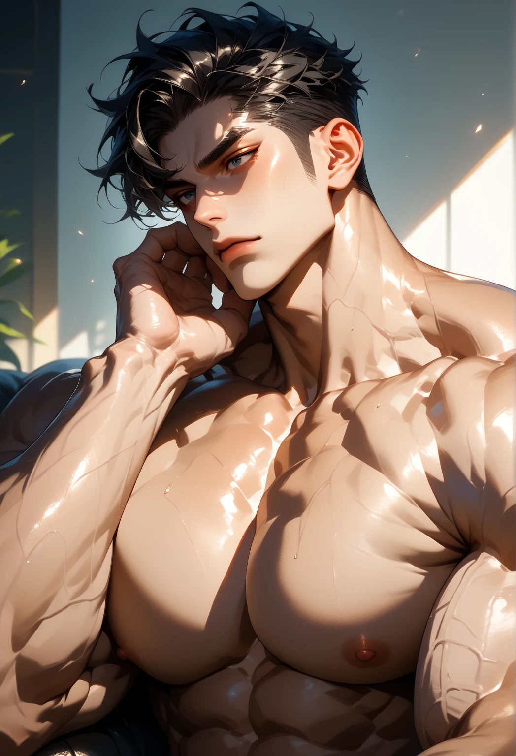 A handsome young man, beautiful detailed eyes, beautiful detailed lips, extremely detailed face, longeyes, strong jawline, muscular build, athletic physique, (best quality,4k,8k,highres,masterproject:1.2),ultra-detailed,(realistic,photorealistic:1.37),portrait, oil painting, dramatic lighting, cinematic, dark moody colors, chiaroscuro