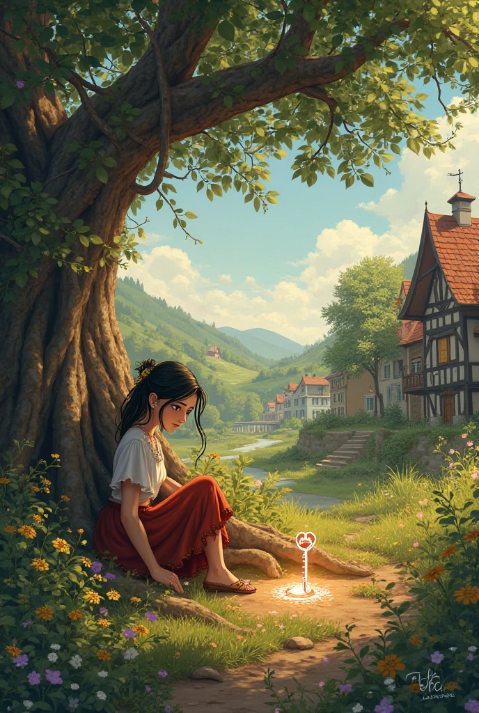 In a quiet village,  Aria stumbles upon a glowing key buried beneath an old tree.