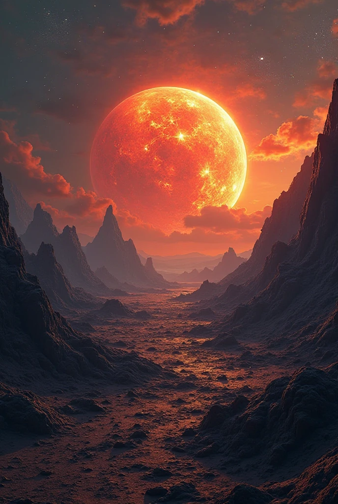 A dramatic alien landscape with a rough, rocky surface illuminated by the intense glow of a massive, fiery planet rising on the horizon. The planet appears cracked and molten with a vivid orange and red surface, emitting heat and light. The sky is filled with cosmic elements, including nebula clouds and faint stars, blending dark blues with fiery oranges. The terrain in the foreground is jagged, shadowy, and otherworldly, adding to the apocalyptic and sci-fi atmosphere.